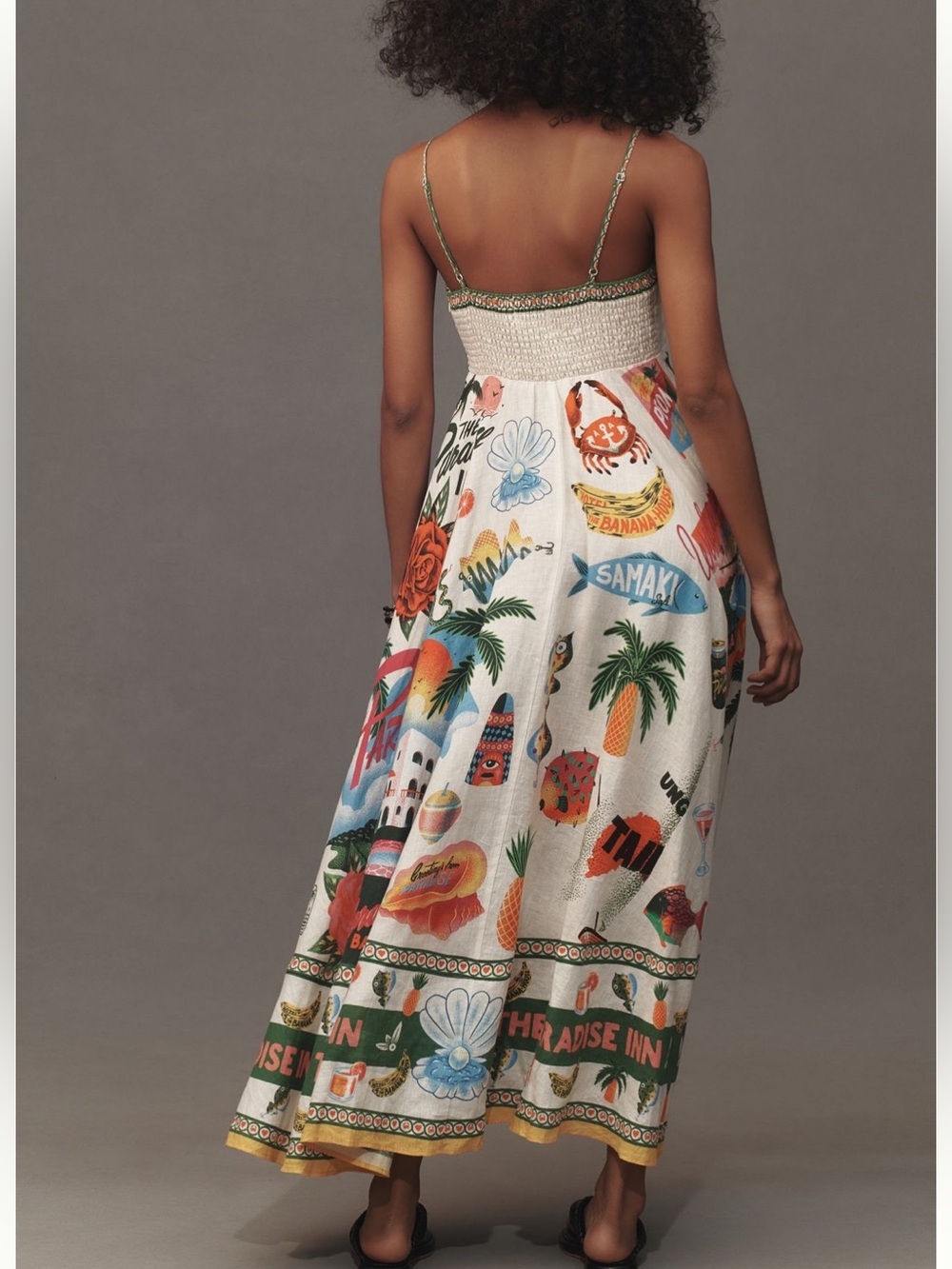 Anthropologie linen white Maxi Sundress Multi-Color Tropical Print pockets XS - Picture 7 of 13